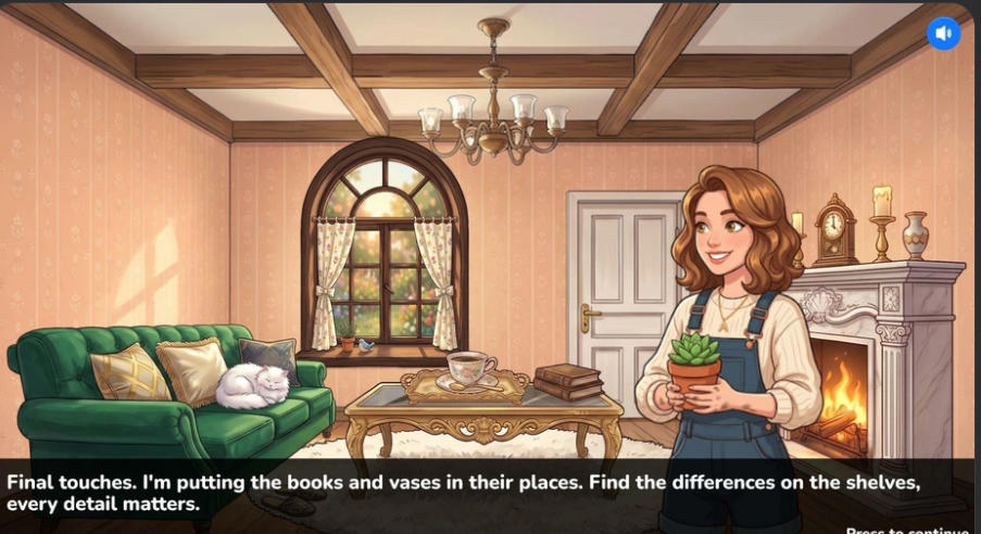 Alice in the renovated living room during the cozy visual novel story
