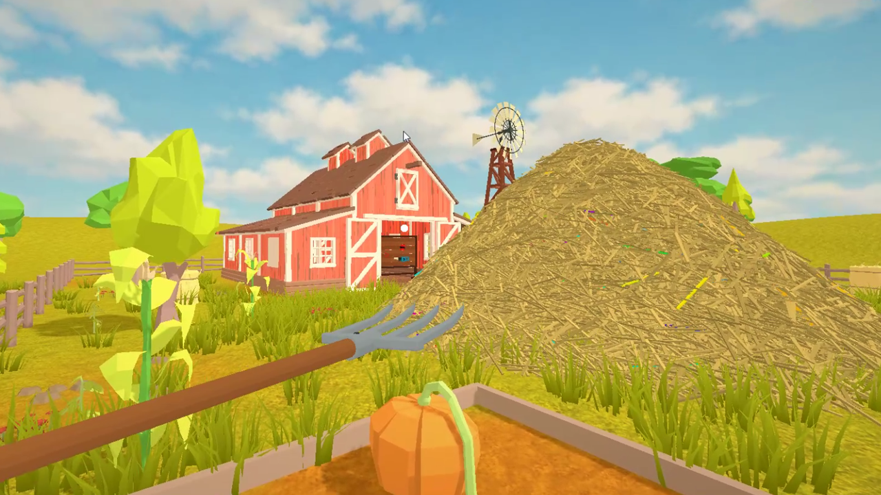 Find the Needle gameplay view of the towering haystack on the cartoon farm