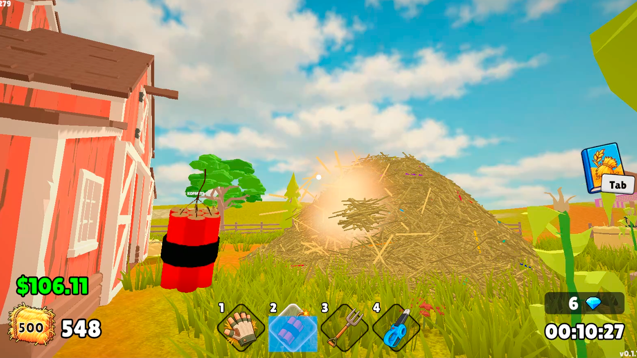 Find the Needle screenshot of dynamite blasting hay off the giant stack