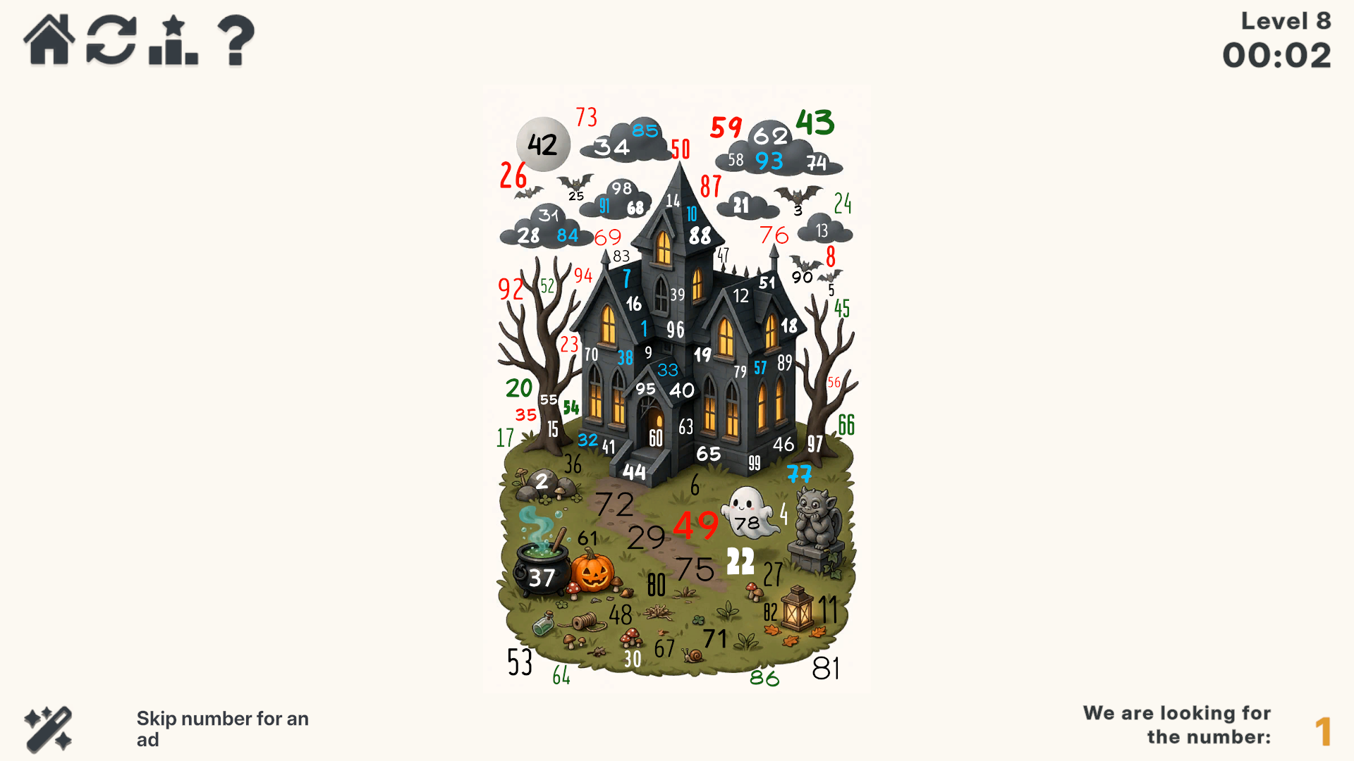 Find the Numbers from 1 to 99 board with numbers blended into the artwork