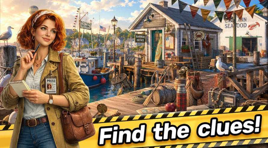 Hidden Object: Investigative Reporter searching a 1970s harbor for clues