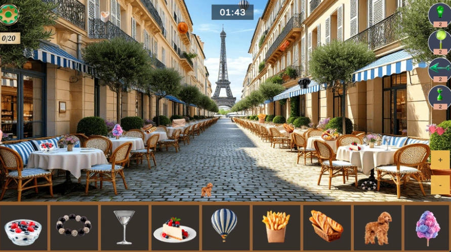Hidden Object World Cuisines search at a Paris restaurant near the Eiffel Tower