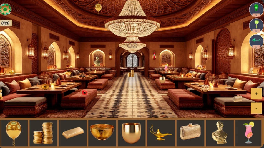 Hidden Object World Cuisines hidden item puzzle in a luxury dining hall