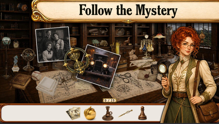 Sylvia investigating old photos in Hidden Objects: Age of Elegance