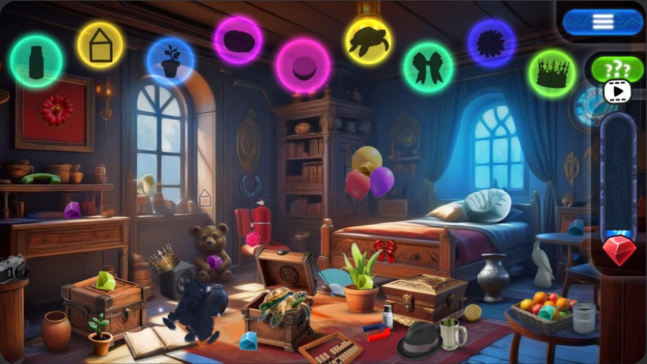 Hidden Objects Castle Treasures bedroom search scene