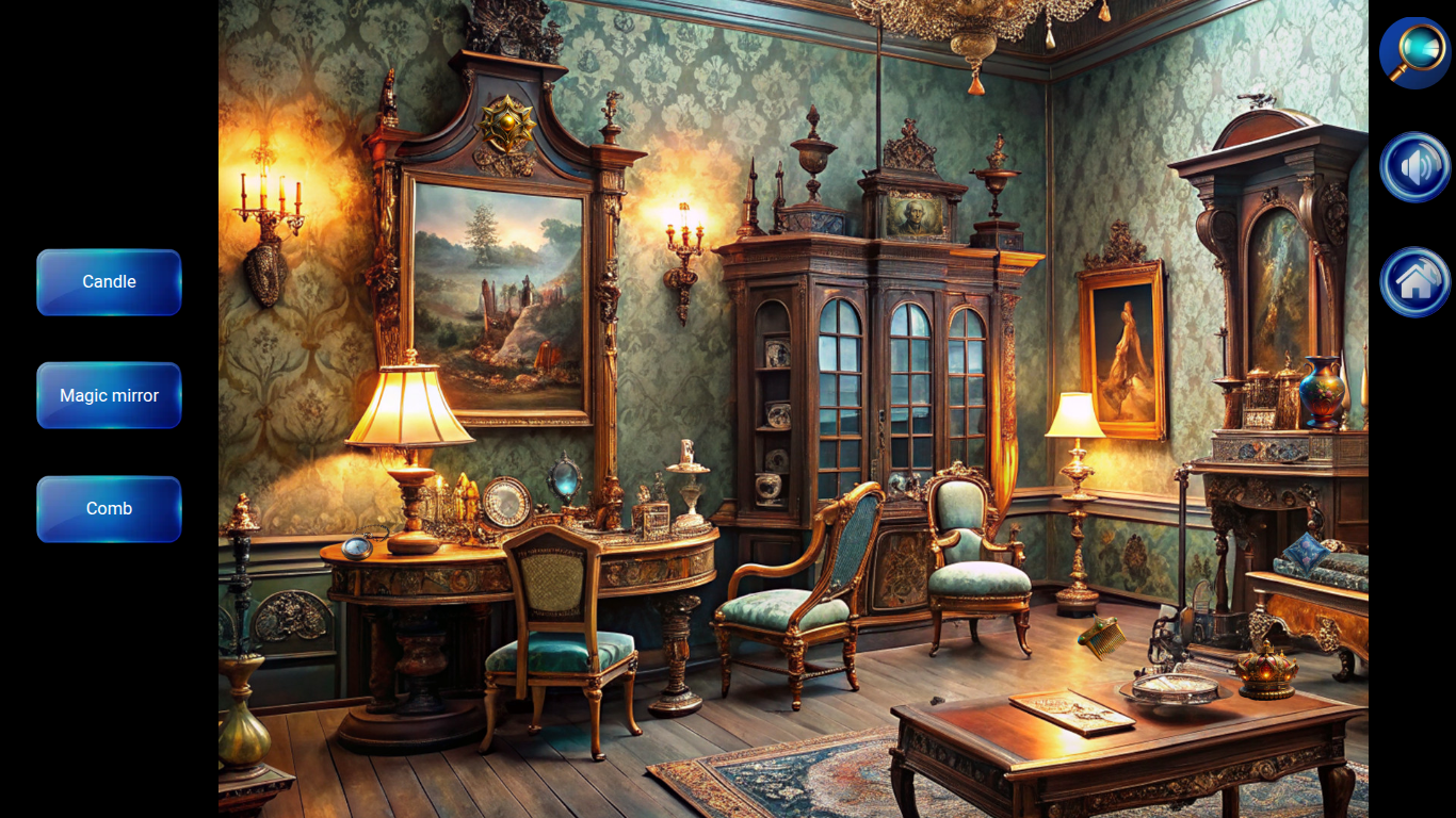 Hidden Objects Castle storeroom with crown, sword, goblets and treasure