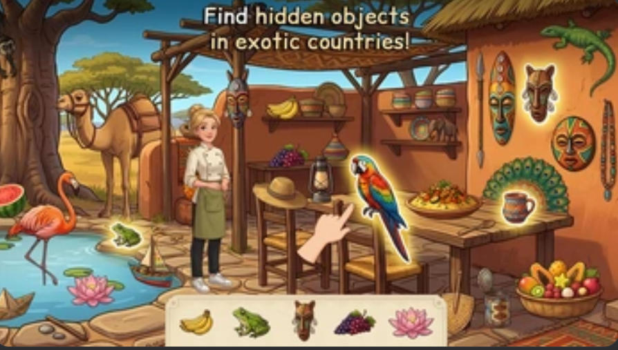 Hidden Objects: Culinary Tour tropical location with hidden object list at the bottom