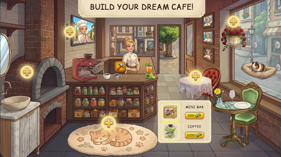 Hidden Objects: Culinary Tour restaurant interior with upgrade markers