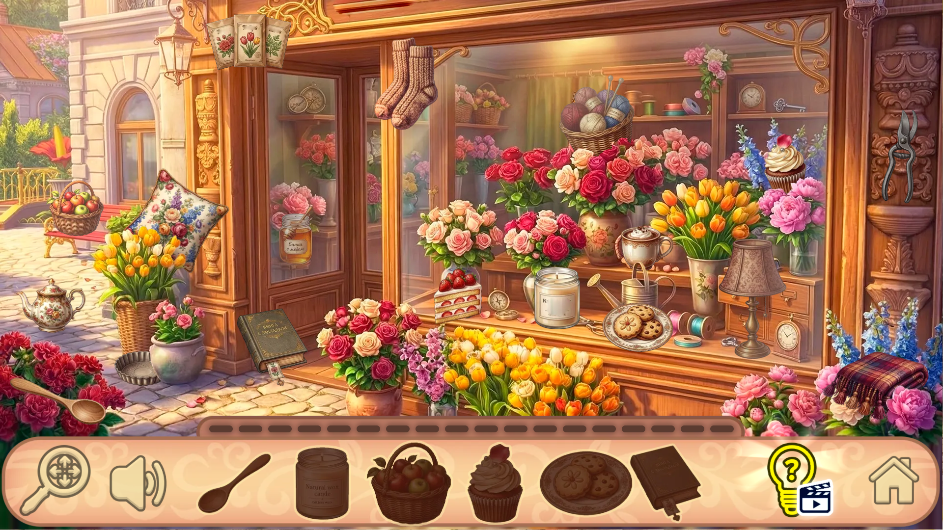Hidden Objects Flower Shop interior with shelves of colorful potted plants