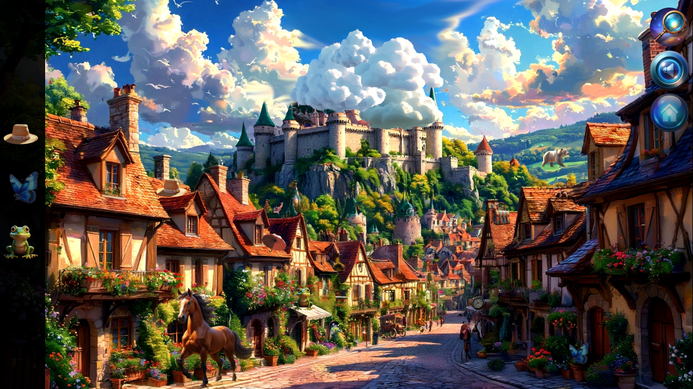 Hidden Objects: France village street scene with cafés and a bakery
