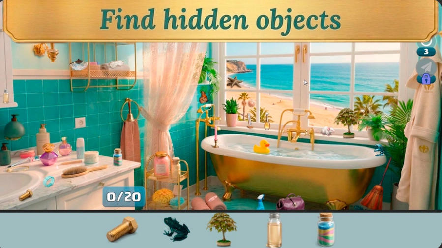 Hidden Objects Katherine's Journey seaside bathroom search with a 20-item target list
