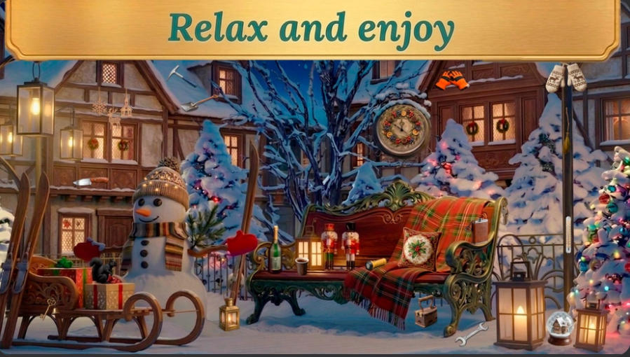 Hidden Objects Katherine's Journey relaxing snowy village scene