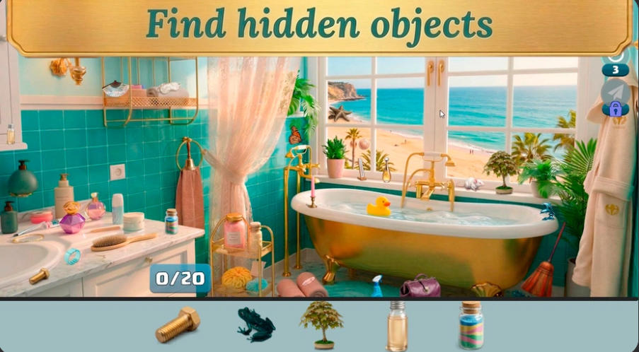 Hidden Objects Katherine's Journey hidden item list in a sunny coastal room
