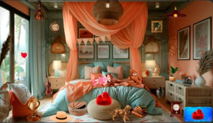 Hidden Objects: Rooms bedroom scene with a hidden object list at the bottom