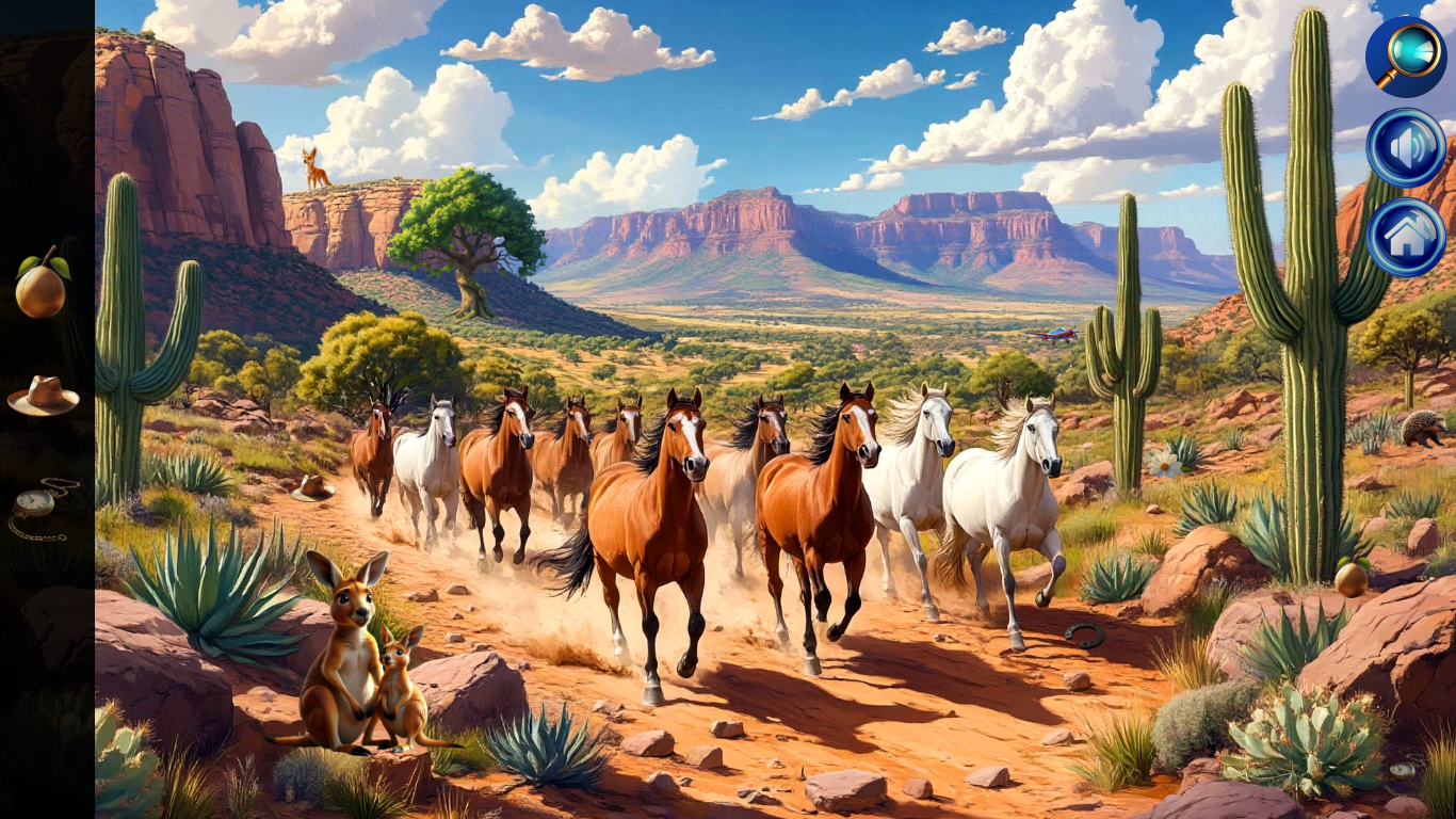 Hidden Objects South outback scene with red earth, rocks and a distant windmill