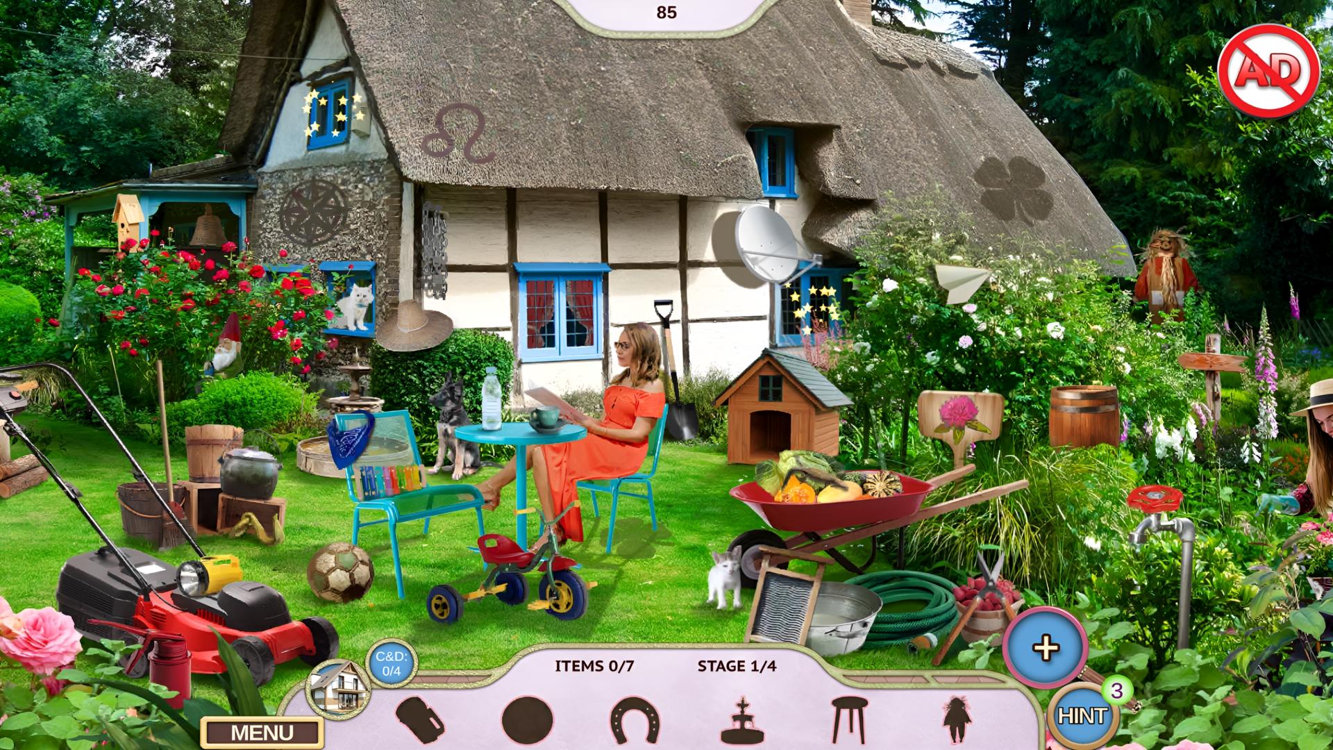 Hidden Objects Sweet Home 2 living room with burning fireplace and hidden object marker