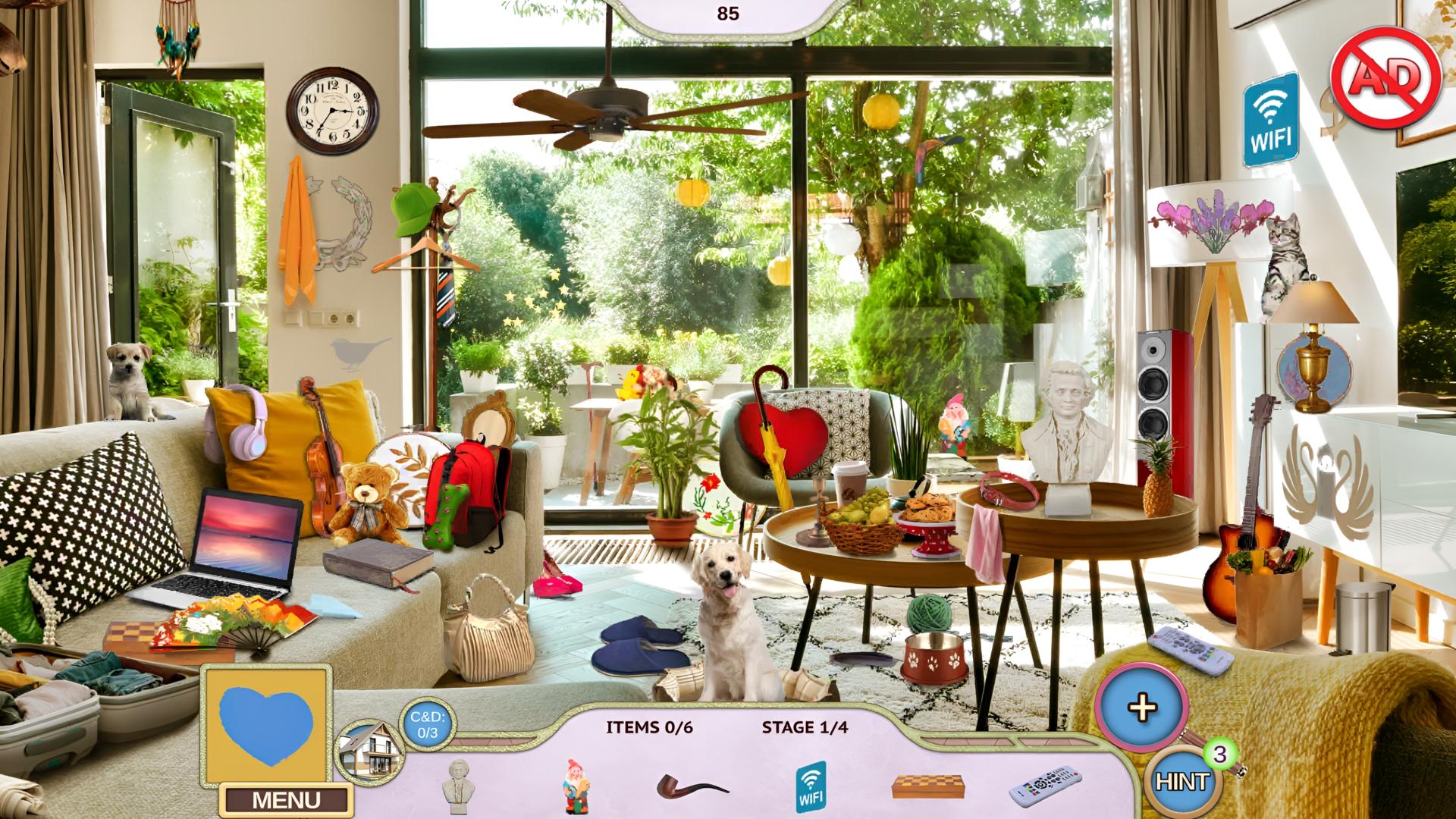 Hidden Objects Sweet Home 2 warm interior scene with object list