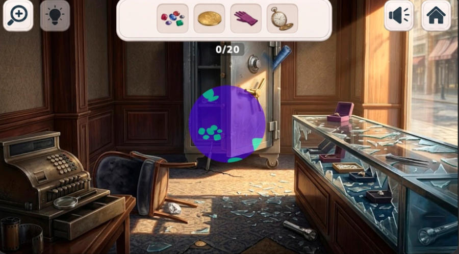 Items search: Hidden Evidence UV flashlight revealing marks on a vault door