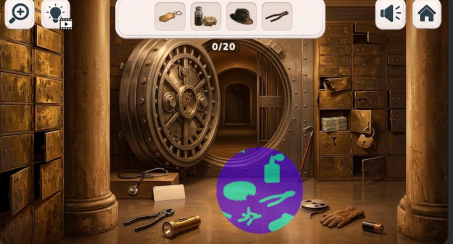 Items search: Hidden Evidence bank vault scene with hidden object list at the top