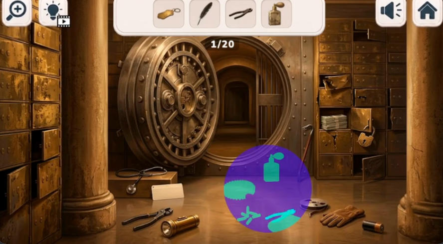 Items search: Hidden Evidence detective scene with UV traces and progress counter