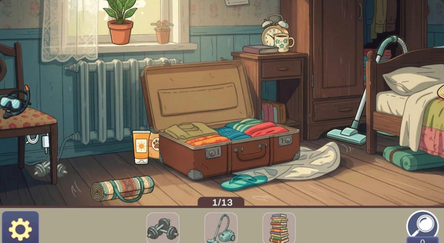 Maldives Hidden Objects bedroom packing level with an open suitcase and 13-item list