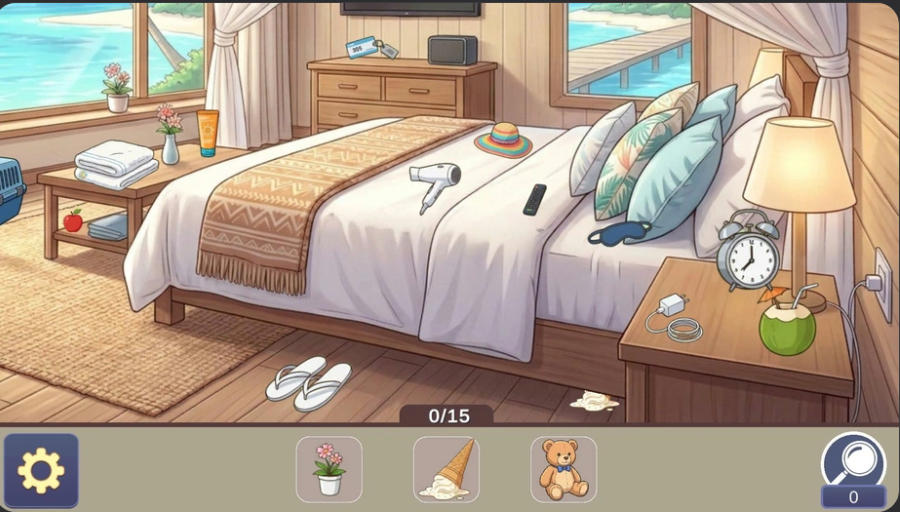 Maldives Hidden Objects ocean-view hotel room with a 15-item search