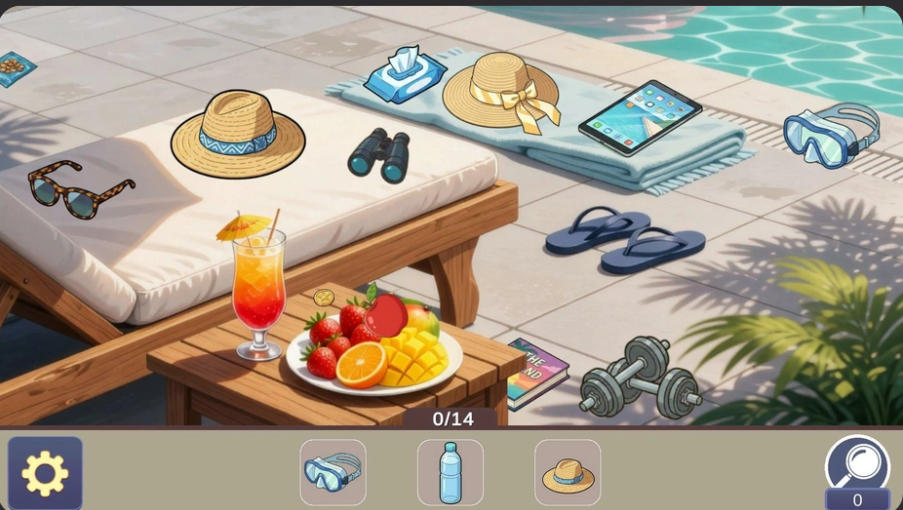 Maldives Hidden Objects resort pool scene with beach accessories and 14 items