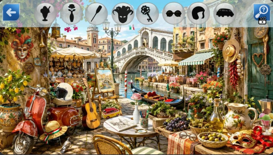 On Vacation Hidden Objects item search in a colorful Italian canal scene