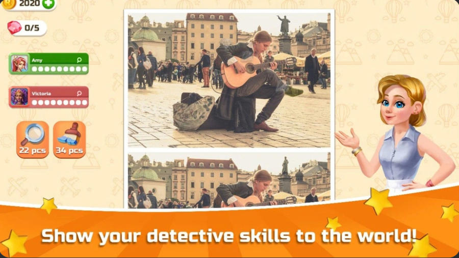 Rachel Holmes competitive spot-the-difference challenge with a street musician