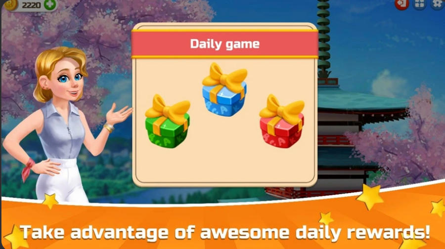 Rachel Holmes daily rewards screen at a Japanese destination