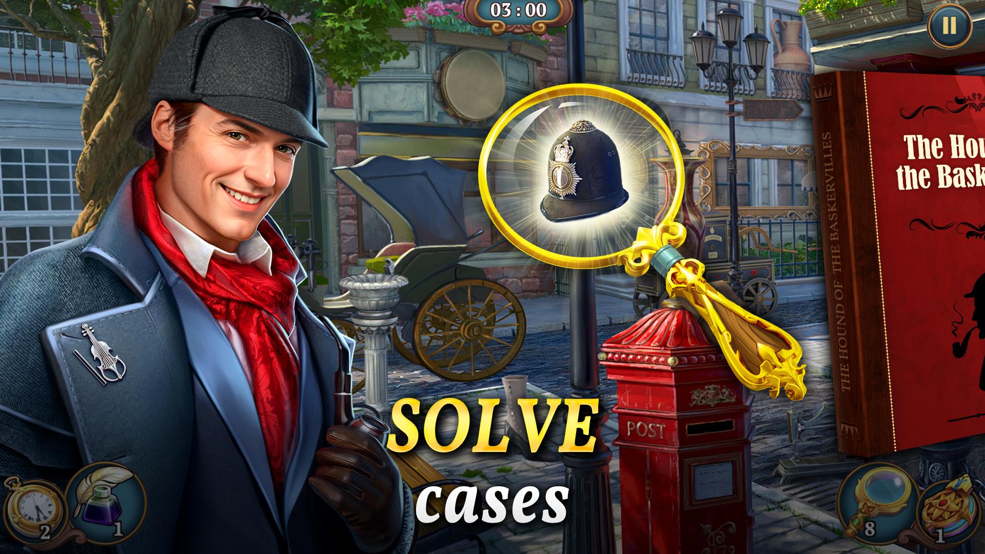 Sherlock: Hidden Objects and Match-3 Puzzles hidden object scene with an item list