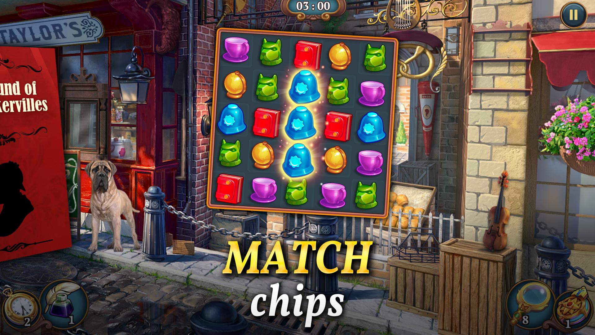 Sherlock: Hidden Objects and Match-3 Puzzles colorful match-3 puzzle board
