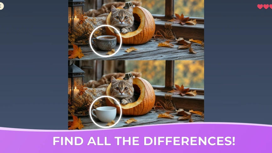 Spot the Difference: Cozy Cats autumn pumpkin cat puzzle