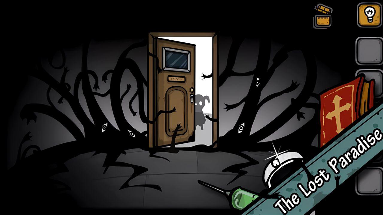 The Lost Paradise dark room with creeping tendrils and a glowing open door